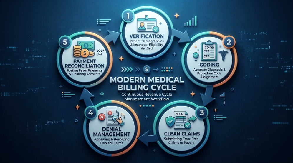 The medical billing cycle: insurance verification, coding, clean claims submission, denial management, and payment reconciliation.
